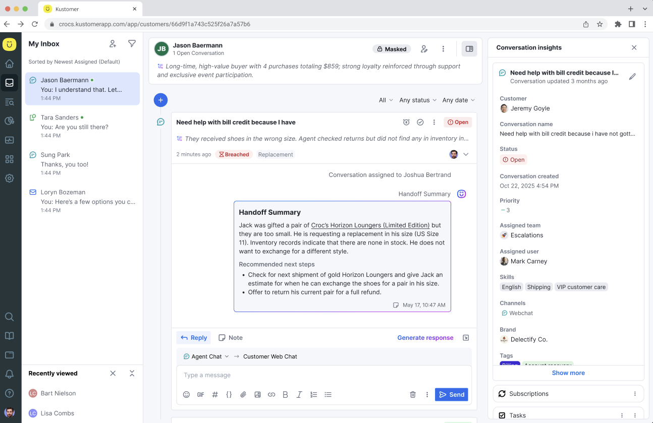 Screenshot of the Kustomer software inside the Kustomer timeline with a conversation about a bill credit